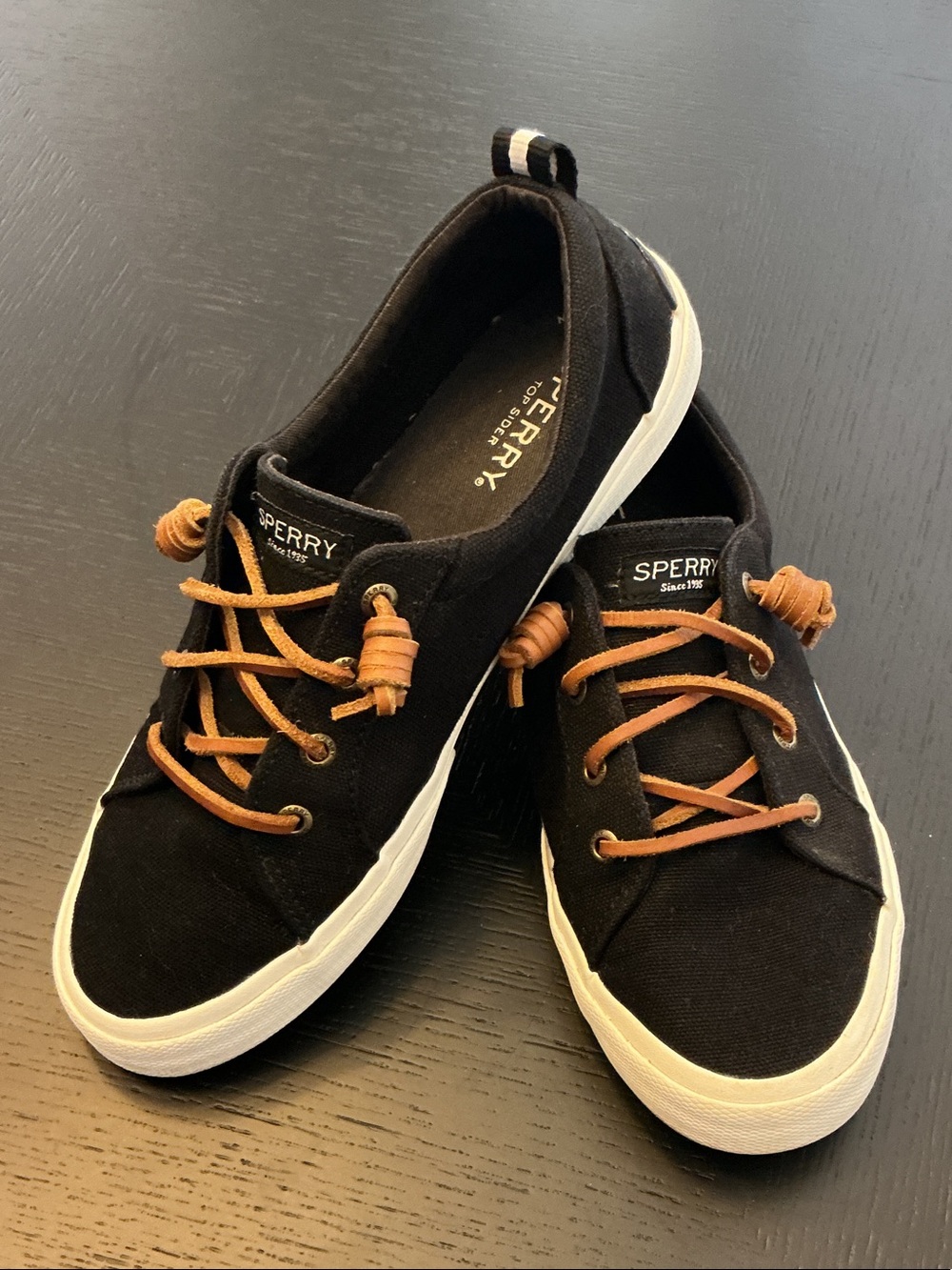Sperry Black Canvas Boat Shoes with Brown Laces - Picture 2 of 7